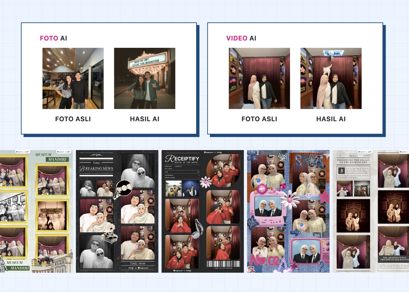 MagicBooth AI photo, AI video, photocard, and photo strip output examples