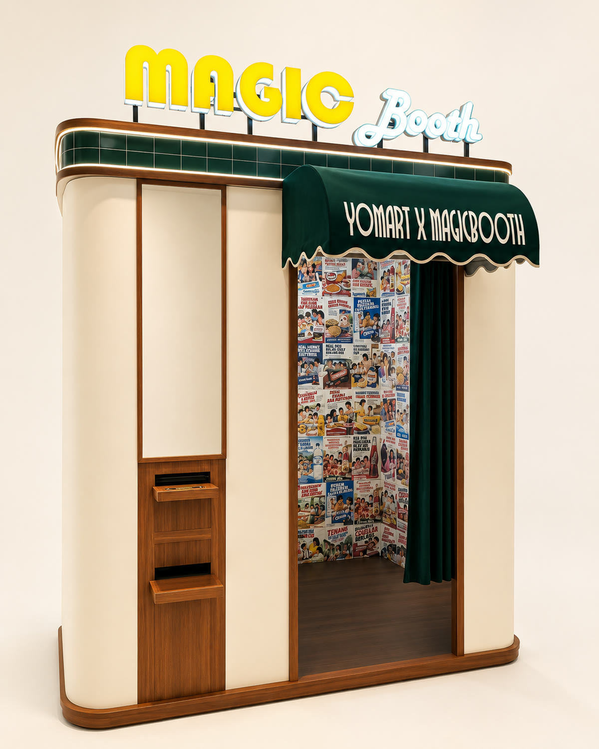 Concept render custom Magicbooth untuk Yomart dengan desain vintage supermarket